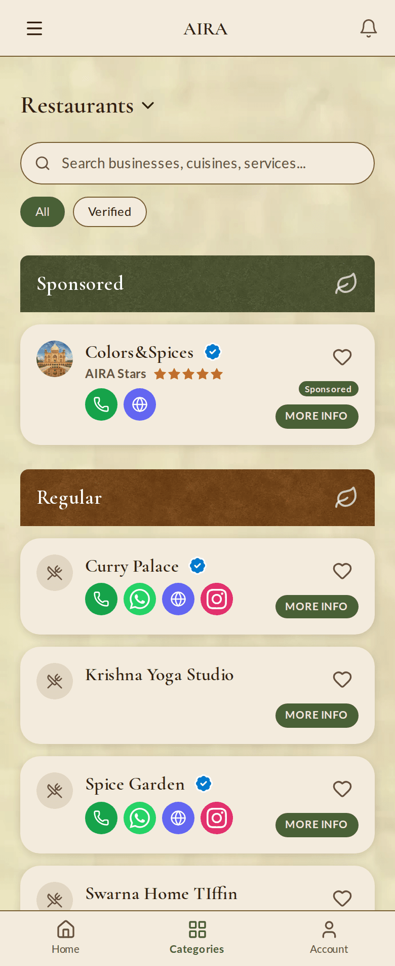 AIRA mobile business-listing screen — sponsored and verified businesses
