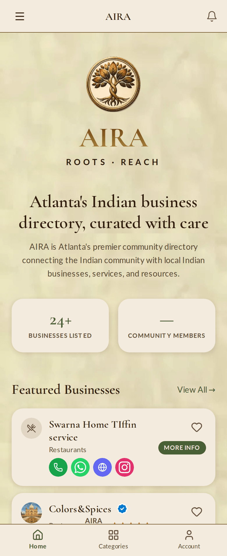 AIRA mobile home screen — categories and featured businesses